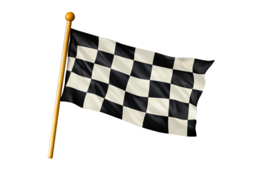 Waving checkered racing flag on flagpole, isolated, cut out transparent