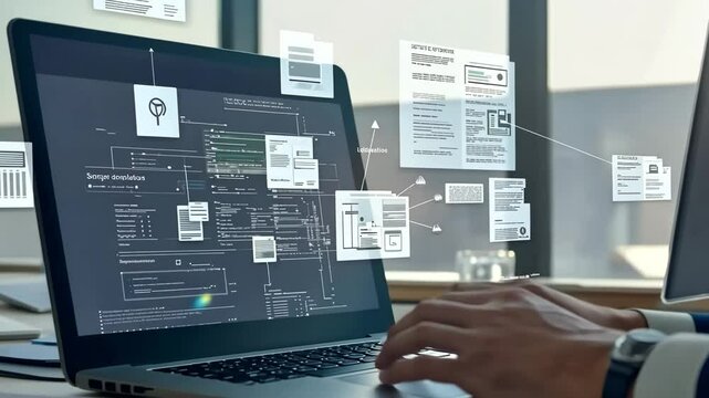 Businessman Manages Documents With Laptop in Modern Office Generative AI