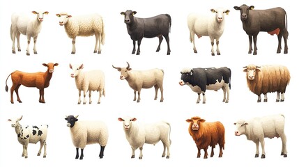 Twelve farm animals, sheep, and cows of various breeds, isolated on white background.