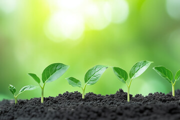 Naklejka premium Growing plants in soil with blurred green background, symbolizing growth and nature beauty