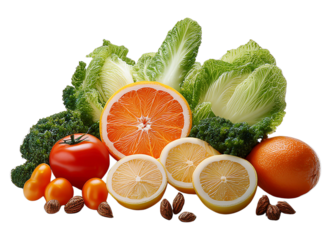 Fresh Produce: A vibrant composition of fresh fruits, vegetables, and nuts, inviting viewers to savor the natural goodness and embrace a lifestyle of health and wellness.