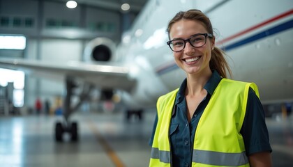 Smiling female airport worker in safety vest, glasses, near aircraft. Woman aviation expert working on plane. Technician, engineer, crew member in hangar. Aviation industry, airline transportation,