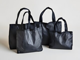Three Black Tote Bags Mockup:  Different Sizes, Reusable Shopping Bags