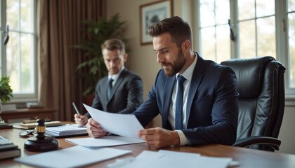 Two businessmen in suits review documents in office. Legal advisor, lawyer, real estate agent discuss contract, property sale, loan agreement. Finance, business, law concept.