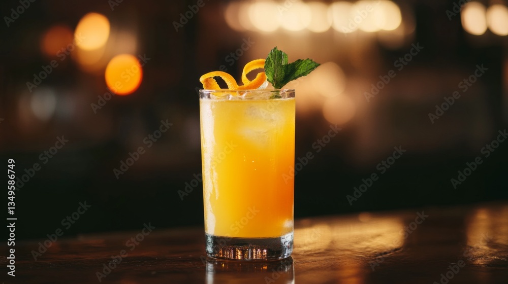 Poster a close-up of freshly squeezed orange juice served in a tall glass, garnished with a sprig of mint a