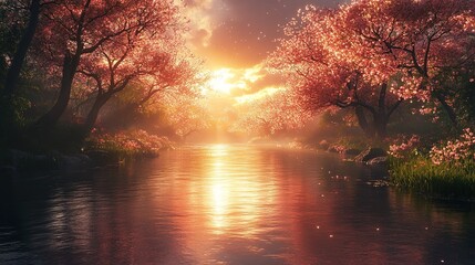 Obraz premium Serene stream reflects sunset with blooming cherry trees along the riverbanks