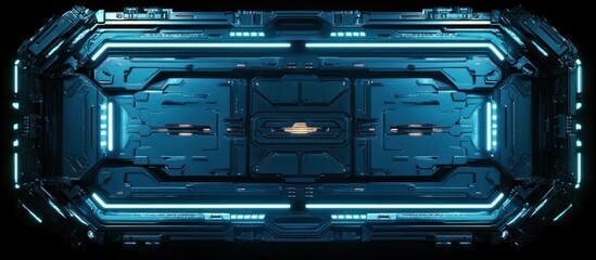 Obraz premium A futuristic glowing blue rectangular technological interior structure