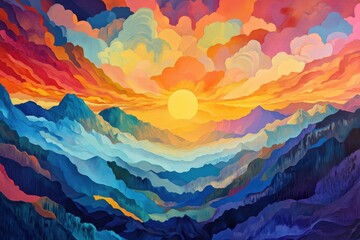 A Breathtakingly Vibrant Sunset Over an Abstract Mountainous Landscape Filled with Color