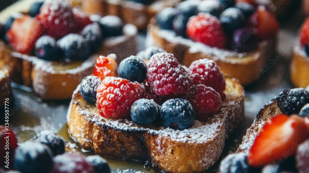 Poster A close-up of honey toast topped with a colorful assortment of berries and a dusting of powdered sugar, creating a vibrant and inviting dessert.