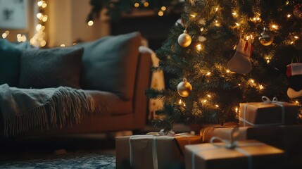 Cozy Christmas living room, presents under tree, festive lights, relaxing evening