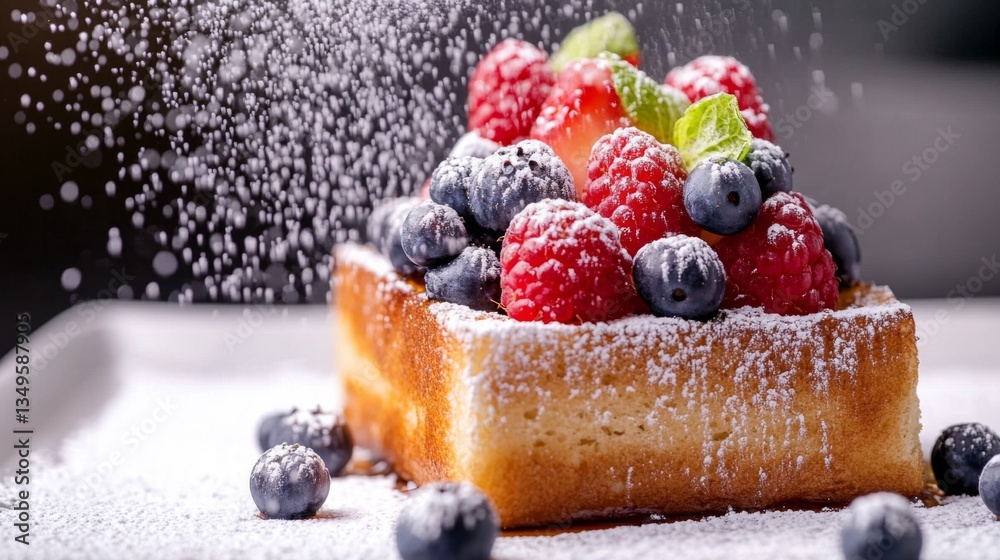 Poster A close-up of honey toast topped with a colorful assortment of berries and a dusting of powdered sugar, creating a vibrant and inviting dessert.
