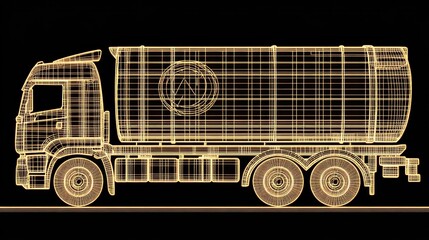 A digital schematic representation of a tanker truck on black background