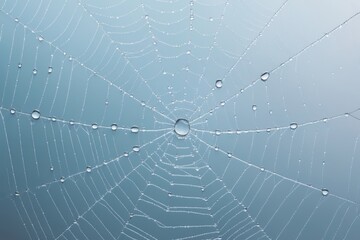 Naklejka premium Intricate spider web adorned with dew drops against a soft, blurred blue background, creating a serene and delicate atmosphere