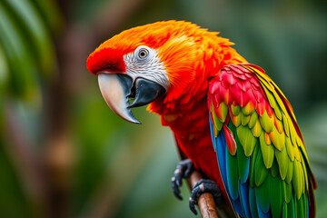 Naklejka premium Vibrant Parrot Showcasing Its Bright Colors and Exotic Plumage in a Lush Tropical Environment, Capturing the Beauty of this Stunning Avian Species