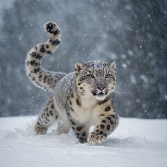 A snow leopard playfully rolling in fresh snow, its paws up in the air.