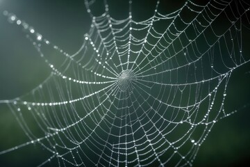 Intricate spider web with dew drops glistening in the soft morning light, creating a serene and delicate atmosphere