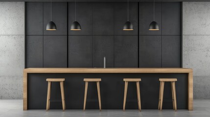 A modern kitchen bar with a sleek black wall, wooden counter, and minimalistic pendant lights, featuring four wooden stools arranged neatly.