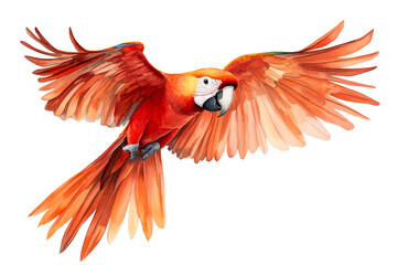 Obraz premium Scarlet Macaw parrot in flight, colorful plumage, watercolor style, cut out transparent
