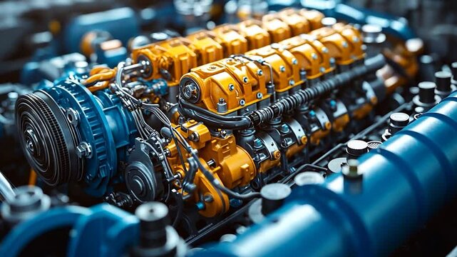 Close-up of a high-performance engine showcasing intricate details and vibrant colors in a workshop setting