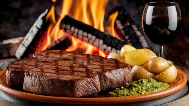 A sizzling plate of perfectly grilled Argentinian-style asado, its surface glistening with savory ju