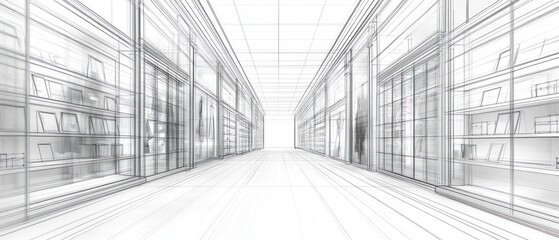 Fototapeta premium Architectural drawing showing perspective of a long corridor space design