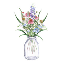 Bouquet of echinacea, forget-me-nots, delphinium in a transparent jar. Isolated watercolor illustration of flowers for textile design, printing on fabric and clothes, posters, decorative elements.