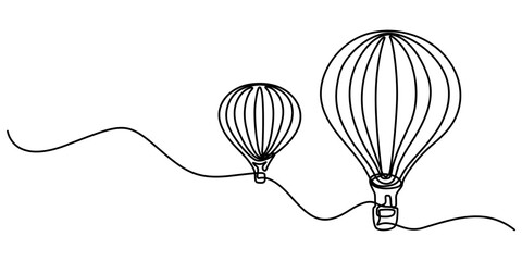 Hot air balloons flying in sky sign. Continuous one line drawing, Continuous Line Drawing of Hot Air Balloon Icon. Hand Drawn Symbol Vector Illustration, Travel flying on aerostat in sky logo divider.