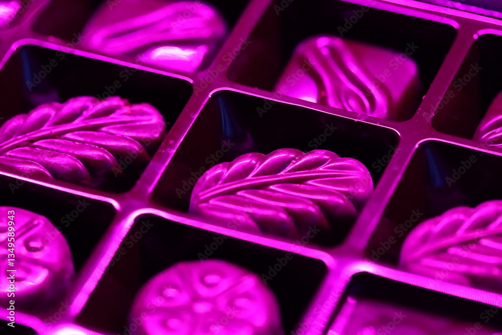 Poster close-up shot of a box of chocolates.