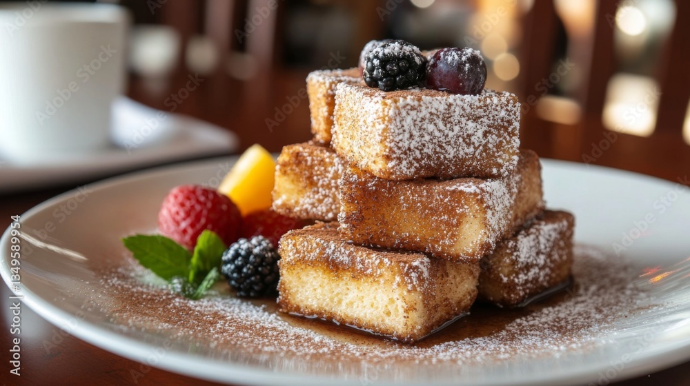 Poster a close-up of sweet cinnamon toast sprinkled with sugar and cinnamon, served on a plate with a side 