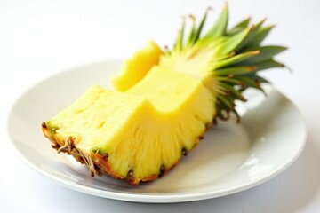 Fresh pineapple wedge isolated on white plate, tropical, chunky
