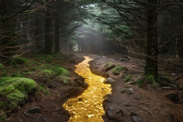 Obraz premium Golden River Flowing Through Misty Forest