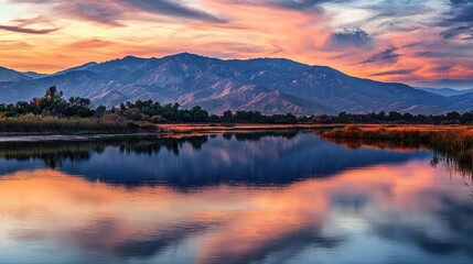 Fototapeta premium Serene Sunset Reflection over Mountain Lake