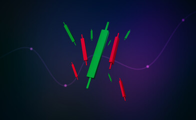 Multiple 3D forex candlesticks presented in vibrant style. Dark purple background. Modern playful design.
