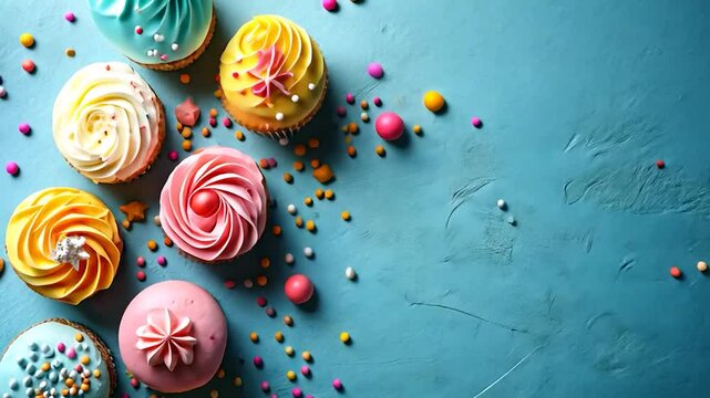 Colorful cupcakes with sprinkles on a blue background, perfect for celebrations