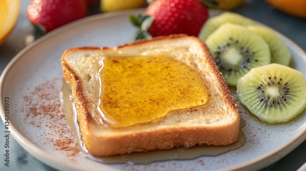 Poster a close-up view of a slice of honey toast on a plate, oozing with melted butter and syrup, surrounde