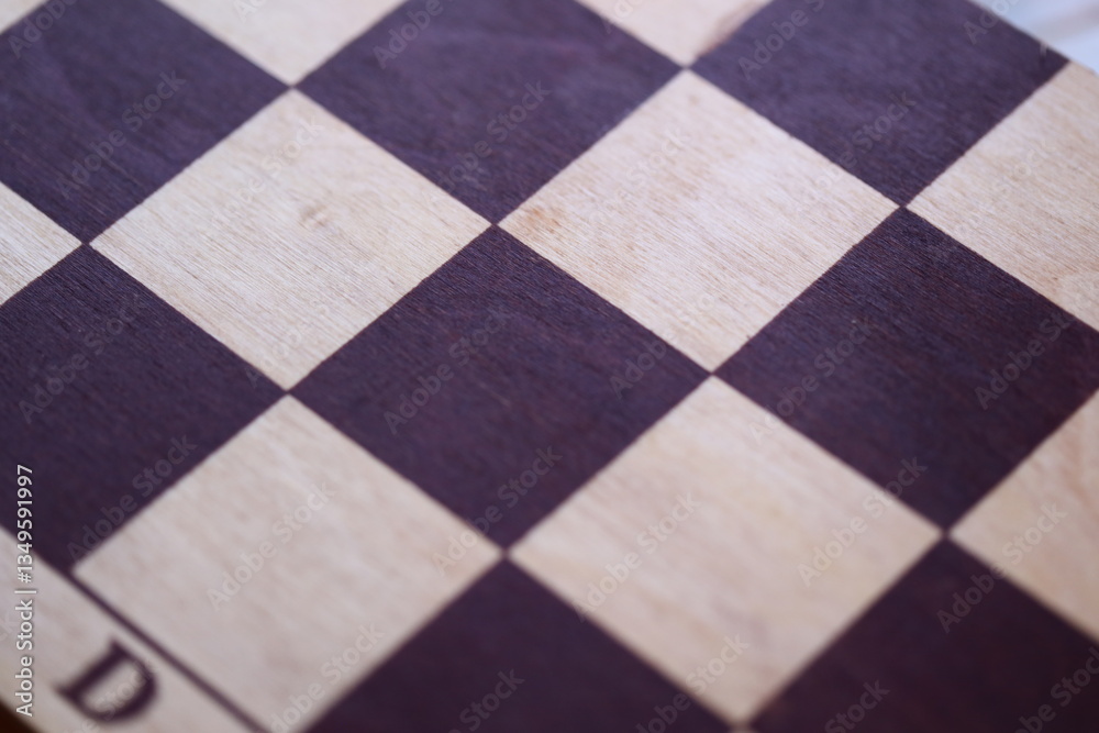 Poster a close-up shot of a chess board featuring a classic checkerboard pattern.