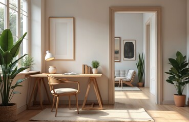 Modern home office with minimalist interior design. Wooden desk with decorative items, chair, potted plants near window. Cozy room, home decor. Template.