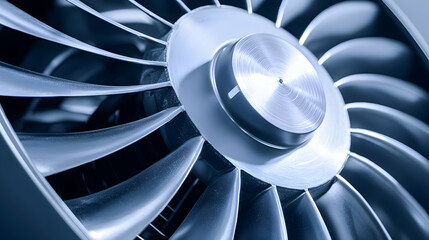 Close-up metallic turbine fan blades, industrial cooling system, technology background