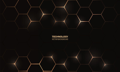 Hexagon technology black and gold colored honeycomb abstract background. Vector illustration