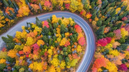 Aerial view winding road through autumn forest, vibrant foliage, travel brochure