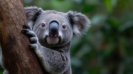 Naklejka premium Close-up of a koala clinging to a tree trunk. A fluffy, gray-furred koala with large, expressive eyes gazes directly at the viewer. 
