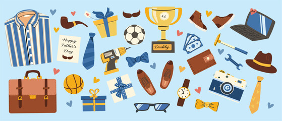 Happy father's day celebration with gifts, tools, and hobbies icon set.