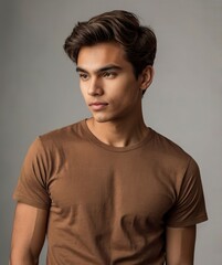 Portrait of Young Man in Brown T Shirt Against Gray Background