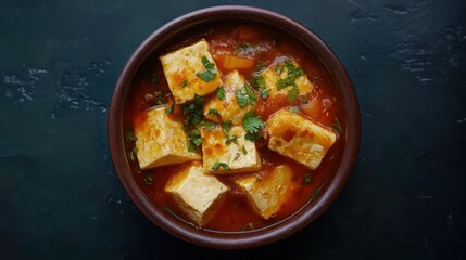 Spicy Tofu Stew, overhead shot, dark background, food blog
