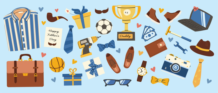 Happy father's day celebration with gifts, tools, and hobbies icon set. - Powered by Adobe