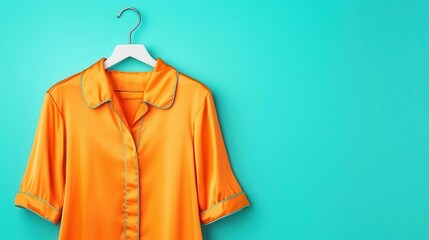Vibrant orange silk pajamas with unique piping details, displayed on a lightweight hanger, isolated against a teal background