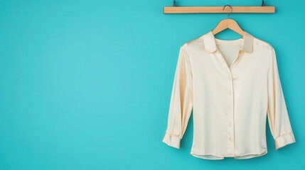 Buttonup silk pajama top with matching shorts, hung on a rustic wood hanger, isolated against a clean blue surface