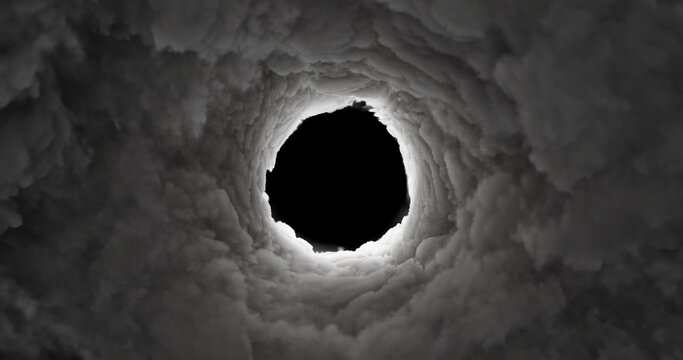 Dark vortex smoke tunnel. Swirling clouds form a dramatic circular motion. Powerful and centered. 3D render