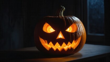 Obraz premium Eerie Glowing Jack-o'-Lantern with a Menacing Grin on a Dark Background