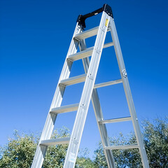 Aluminum ladder against blue sky, outdoor work, trees background, home improvement